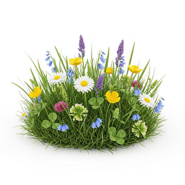 Realistic Rendered Colorful Wildflower Meadow with Clover and Grass Isolated on White