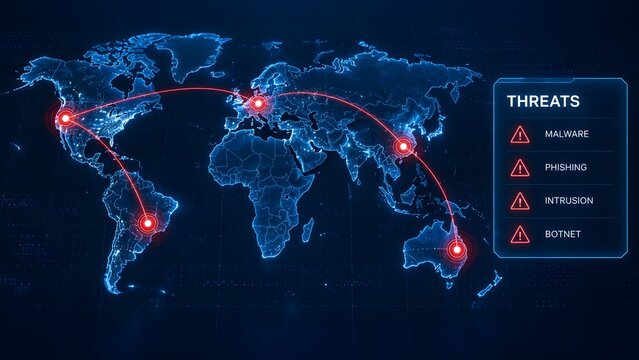 Global cyber security threats map showing malware phishing intrusion and botnet connections across continents with digital data visualization