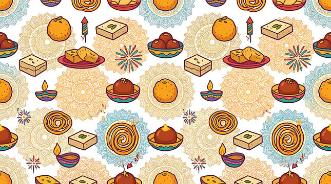 Seamless pattern with traditional indian diwali festival elements including sweets diya lamps and colorful fireworks on white