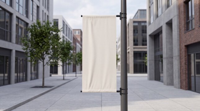 Blank vertical fabric banner mockup hanging on street light pole