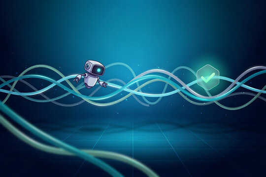 Small white robot floating above glowing blue wavy lines with a green checkmark inside a hexagon on a dark blue digital background grid