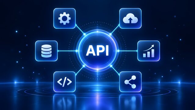 API concept with interconnected icons for data code cloud analytics and sharing on a futuristic blue digital background