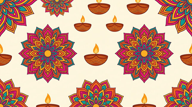 Seamless pattern background featuring traditional indian mandala art and glowing oil lamps for diwali festival celebrations