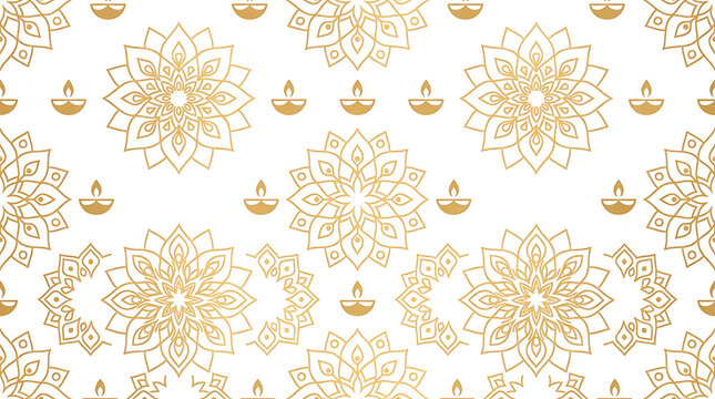 Seamless pattern with golden mandalas and traditional oil lamps for diwali festival celebrations on white background