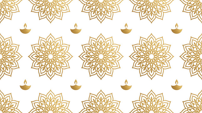 Seamless pattern with golden mandalas and diya oil lamps on a white background for diwali festival celebration