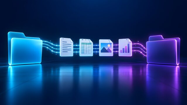 Digital data transfer between folders showing documents spreadsheet image and analytics charts with glowing lines on a dark background