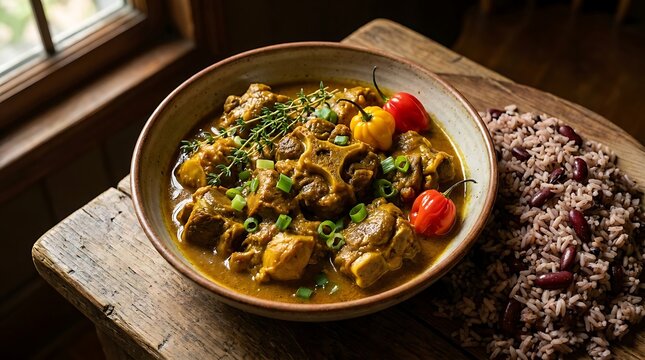 Delicious bowl of jamaican oxtail stew with spicy peppers and beans on a rustic wooden table. Jamaican Cuisine 