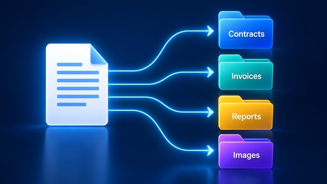 Digital document sorting and organization concept with glowing lines connecting to categorized folders for contracts invoices reports and images.