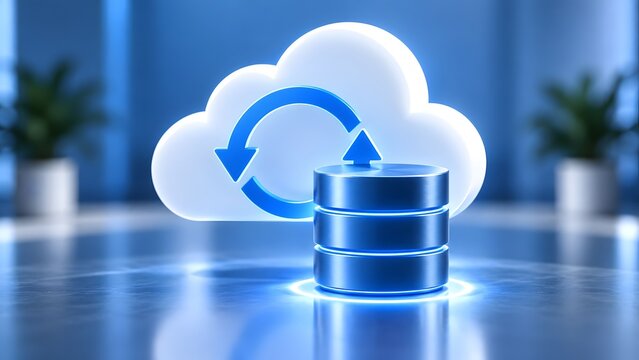 Cloud data storage and synchronization concept with glowing database cylinder and circular arrows digital technology and network transfer