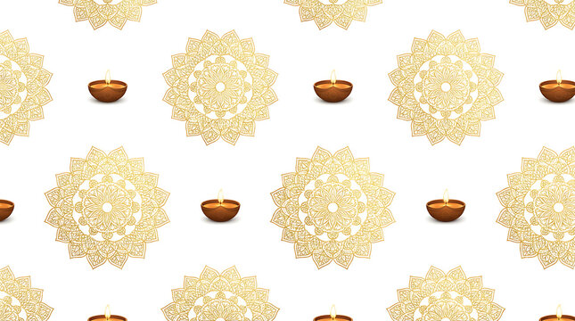 Seamless pattern of golden rangoli designs with traditional oil lamps on white background