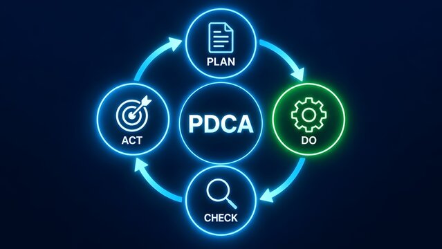 PDCA cycle diagram with icons for Plan Do Check Act on dark blue background continuous improvement concept