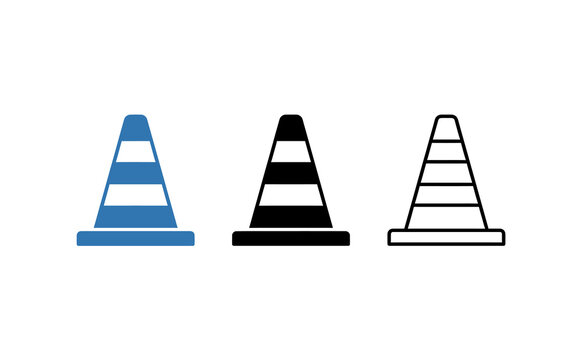 Minimalist traffic cone icons set in blue and black style on isolated background