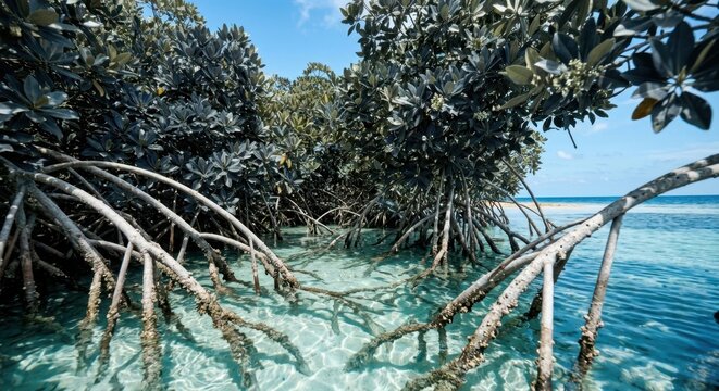 Stunning mangrove forest with intricate prop roots submerged in crystal clear turquoise ocean water under a bright blue sky, showcasing a healthy tropical coastal ecosystem and biodiversity.