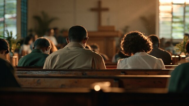 Congregation seated in church pews facing altar