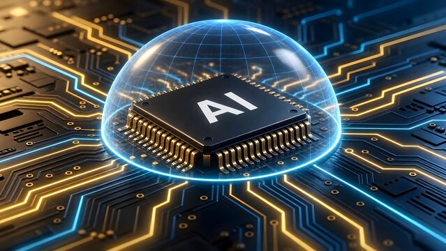 Artificial intelligence microchip protected by glowing glass dome on circuit board illustrating secure neural network hardware