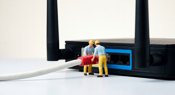Miniature workers repairing a network router with an ethernet cable on a white desk surface with figures dressed construction inspect plug ethernet black blue network, 8K Resolution