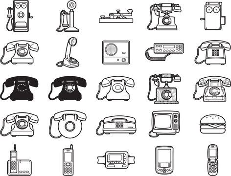 A collection of vintage and modern communication devices, showcasing the evolution of telecommunication technology, including telephones, telegraphs, and early mobile phones.