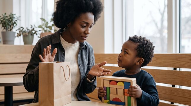 Black mother talks with her young son about making careful gift choices after shopping, using his wooden block set and a paper bag to teach simple budgeting, value, and mindful holiday spending.