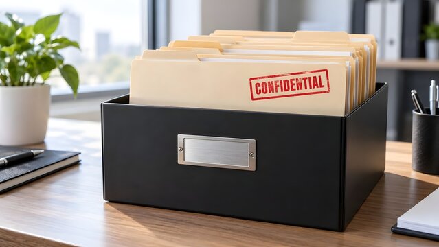 Confidential stamped manila folders inside black storage box on corporate office desk representing sensitive business document security
