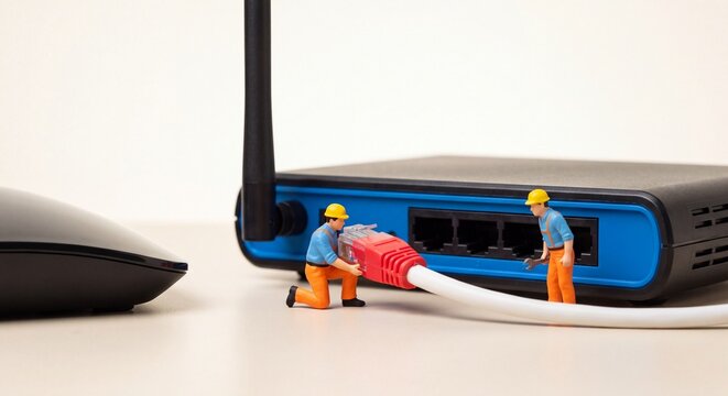 Miniature workers repairing a network router with an ethernet cable on a white desk surface with figures dressed construction inspect plug ethernet black blue network, 32K Resolution