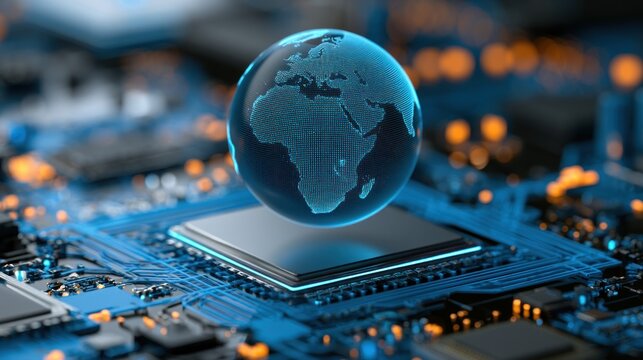 Digital earth globe hovering over computer circuit board