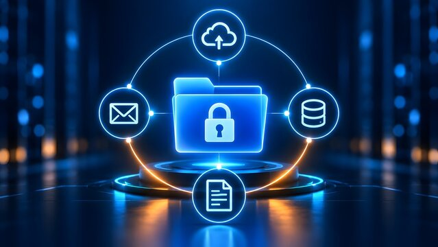 Secure digital file management ecosystem with encrypted folder and cloud database storage icons
