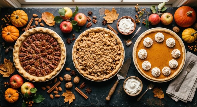 Top view of three classic autumn pies&mdash;pecan, apple crumble, and pumpkin&mdash;arranged on a dark stone surface with pumpkins, apples, nuts, and fall leaves for a Thanksgiving feast.