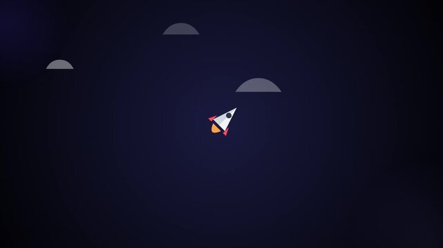 Small rocket ship flies through dark night sky among clouds