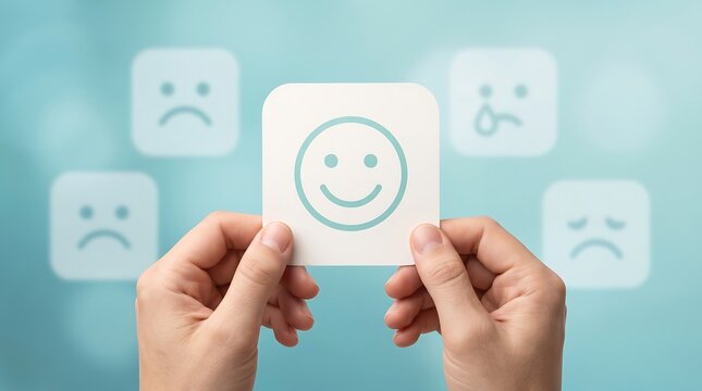 Human hands holding square card with happy smiley face icon against blurred background of negative unhappy face symbols representing customer feedback and sentiment analysis