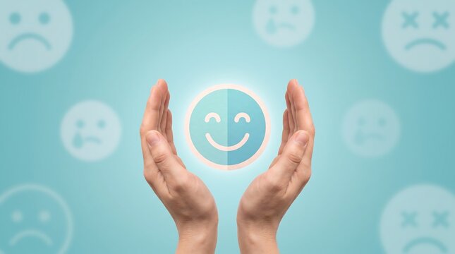 Human hands cupping glowing circular button with happy smiley face design surrounded by translucent sad face icons representing positive user experience and sentiment analysis