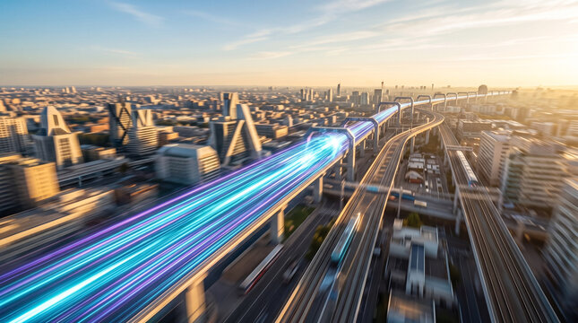 Futuristic high speed train traveling through a modern cityscape at sunset with motion blur light streaks