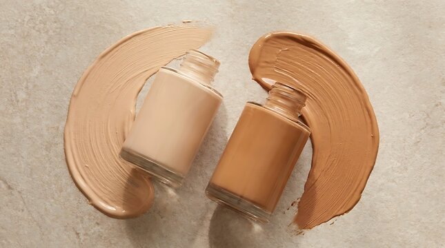 Two glass bottles of liquid foundation makeup with beige and tan color swatches on a stone surface. makeup foundation duo