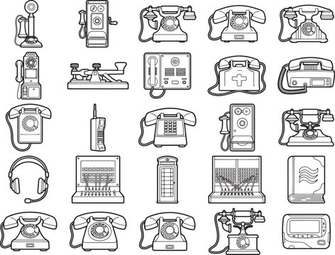 A collection of diverse telephone designs, from antique rotary models to modern communication devices, arranged in a grid formation showcasing the evolution of telecommunication technology.