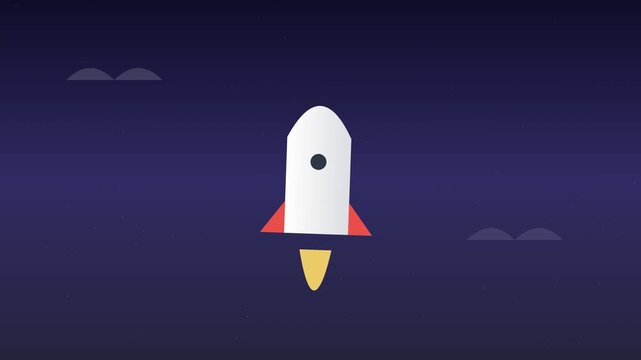 Flat vector rocket ships launching upwards on a dark blue background