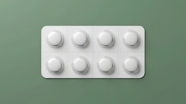 White medicine pills in a plastic blister pack on a flat green background view.