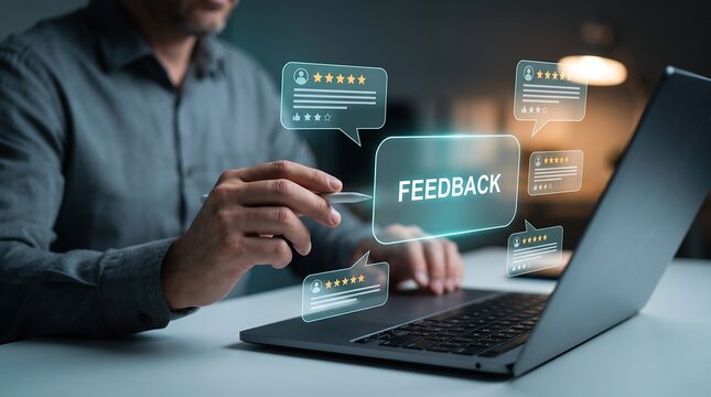 Professional using digital dashboard with multiple review bubbles and star ratings on transparent screen for comprehensive customer feedback management and business intelligence