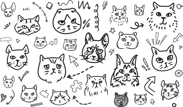Hand drawn cute cat face set doodle horizontal pattern