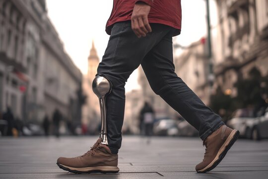 Man walking with modern bionic prosthetic leg on city street low angle view