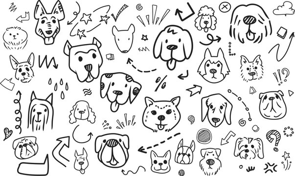 Dog breeds faces and puppy expressions doodle pattern