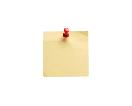 Yellow sticky note pinned with a red pushpin on white solated on transparent background