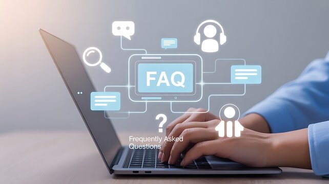FAQ, Frequently Asked Questions Support Concept. Person using laptop with icon related to search, information, chat, customer service, support represent online help, user assistance, helpdesk, Q and A
