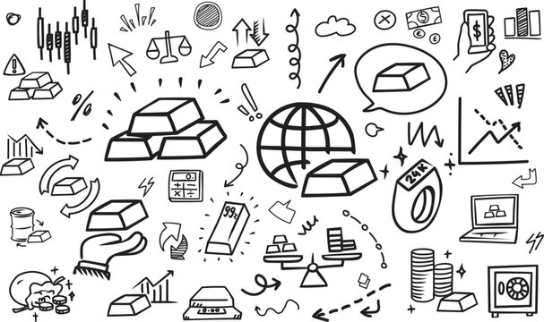 Financial gold investment and stock market doodle background