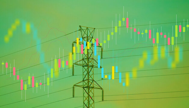 Electrical power transmission tower with colorful financial stock market trading charts and candlestick graphs superimposed on a green backdrop, symbolizing energy sector economics