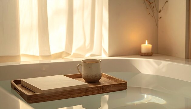 Minimalist bath scene with a wooden tray, book, and mug on a bathtub with clear water, conveying tranquility and self-care.