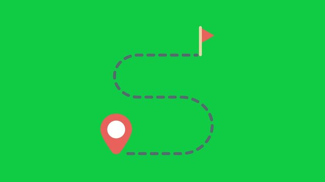Animated map route path with a red location pin and destination flag icon over a green screen background.