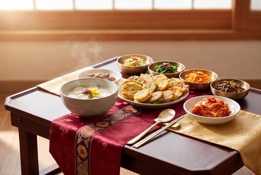 Korean new year holiday table with rice cake soup jeon and brass side dishes