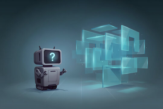 Small white robot with a question mark on its screen standing in a dark room facing a floating structure of glowing blue transparent glass cubes