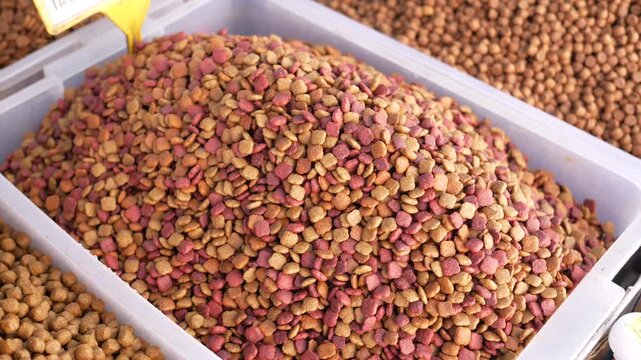 Two large bins of dry pet food are displayed side by side, one filled with reddish-brown kibble, the other with light brown kibble