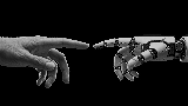 Human hand and robotic hand reaching to touch in a halftone dot style