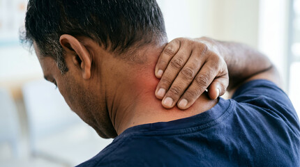 Fototapeta premium Man Experiencing Neck Pain and Muscle Tension, Rear View